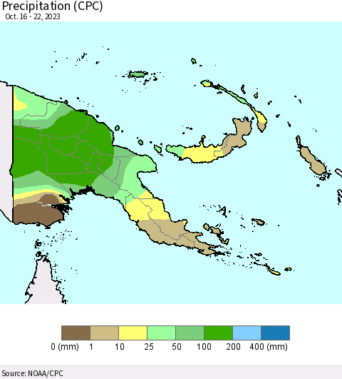 Papua New Guinea Precipitation (CPC) Thematic Map For 10/16/2023 - 10/22/2023