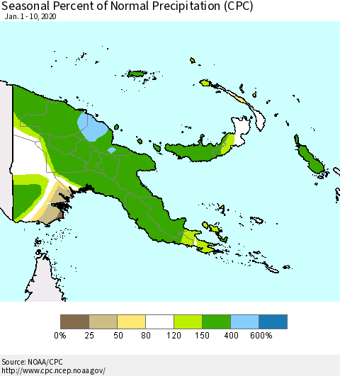 Papua New Guinea Seasonal Percent of Normal Precipitation (CPC) Thematic Map For 1/1/2020 - 1/10/2020