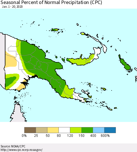 Papua New Guinea Seasonal Percent of Normal Precipitation (CPC) Thematic Map For 1/1/2020 - 1/20/2020