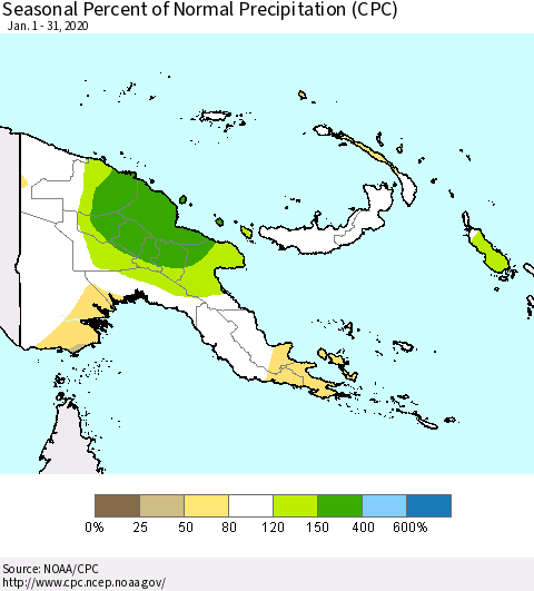 Papua New Guinea Seasonal Percent of Normal Precipitation (CPC) Thematic Map For 1/1/2020 - 1/31/2020