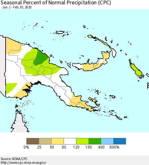 Papua New Guinea Seasonal Percent of Normal Precipitation (CPC) Thematic Map For 1/1/2020 - 2/10/2020