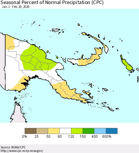 Papua New Guinea Seasonal Percent of Normal Precipitation (CPC) Thematic Map For 1/1/2020 - 2/20/2020