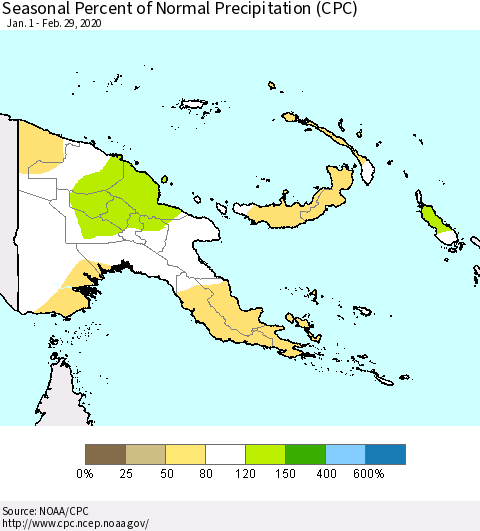 Papua New Guinea Seasonal Percent of Normal Precipitation (CPC) Thematic Map For 1/1/2020 - 2/29/2020