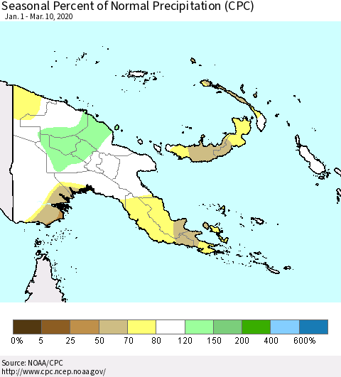 Papua New Guinea Seasonal Percent of Normal Precipitation (CPC) Thematic Map For 1/1/2020 - 3/10/2020