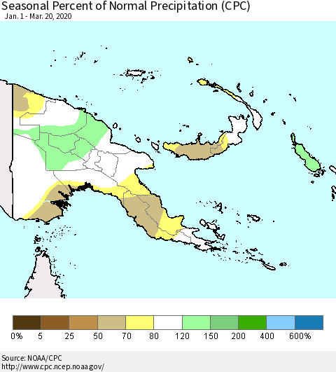 Papua New Guinea Seasonal Percent of Normal Precipitation (CPC) Thematic Map For 1/1/2020 - 3/20/2020