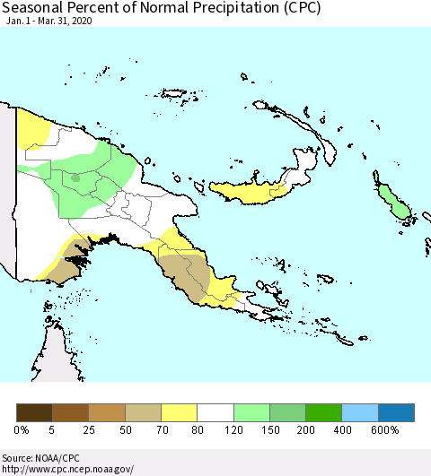 Papua New Guinea Seasonal Percent of Normal Precipitation (CPC) Thematic Map For 1/1/2020 - 3/31/2020