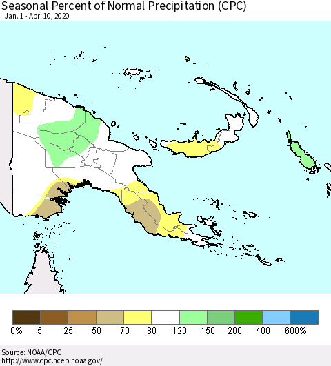 Papua New Guinea Seasonal Percent of Normal Precipitation (CPC) Thematic Map For 1/1/2020 - 4/10/2020