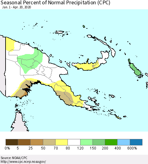 Papua New Guinea Seasonal Percent of Normal Precipitation (CPC) Thematic Map For 1/1/2020 - 4/20/2020