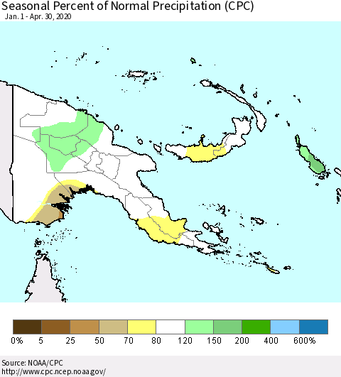 Papua New Guinea Seasonal Percent of Normal Precipitation (CPC) Thematic Map For 1/1/2020 - 4/30/2020