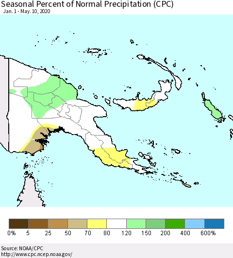 Papua New Guinea Seasonal Percent of Normal Precipitation (CPC) Thematic Map For 1/1/2020 - 5/10/2020