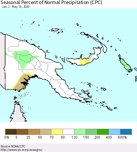 Papua New Guinea Seasonal Percent of Normal Precipitation (CPC) Thematic Map For 1/1/2020 - 5/31/2020