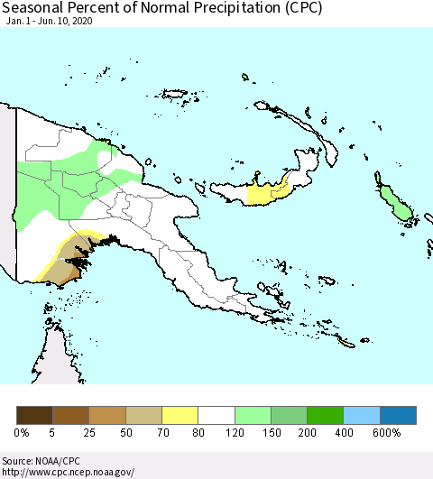 Papua New Guinea Seasonal Percent of Normal Precipitation (CPC) Thematic Map For 1/1/2020 - 6/10/2020