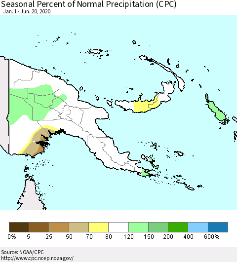 Papua New Guinea Seasonal Percent of Normal Precipitation (CPC) Thematic Map For 1/1/2020 - 6/20/2020
