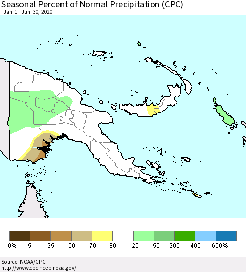 Papua New Guinea Seasonal Percent of Normal Precipitation (CPC) Thematic Map For 1/1/2020 - 6/30/2020