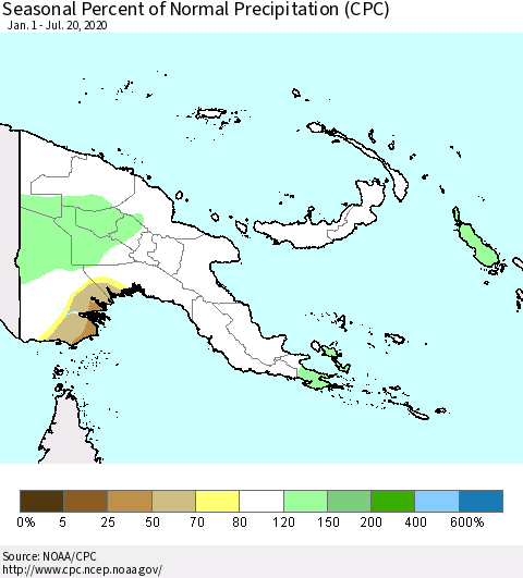 Papua New Guinea Seasonal Percent of Normal Precipitation (CPC) Thematic Map For 1/1/2020 - 7/20/2020