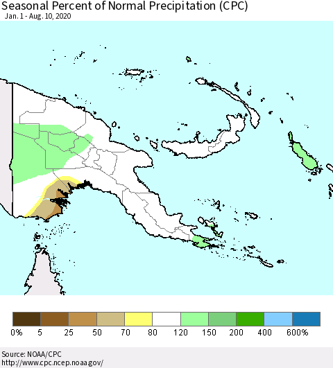 Papua New Guinea Seasonal Percent of Normal Precipitation (CPC) Thematic Map For 1/1/2020 - 8/10/2020