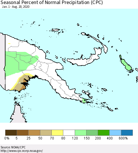 Papua New Guinea Seasonal Percent of Normal Precipitation (CPC) Thematic Map For 1/1/2020 - 8/20/2020