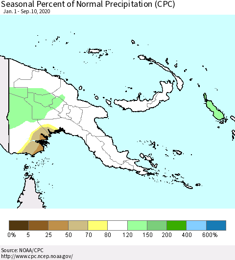 Papua New Guinea Seasonal Percent of Normal Precipitation (CPC) Thematic Map For 1/1/2020 - 9/10/2020