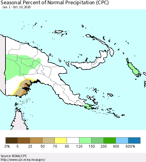 Papua New Guinea Seasonal Percent of Normal Precipitation (CPC) Thematic Map For 1/1/2020 - 10/10/2020