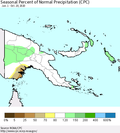 Papua New Guinea Seasonal Percent of Normal Precipitation (CPC) Thematic Map For 1/1/2020 - 10/20/2020