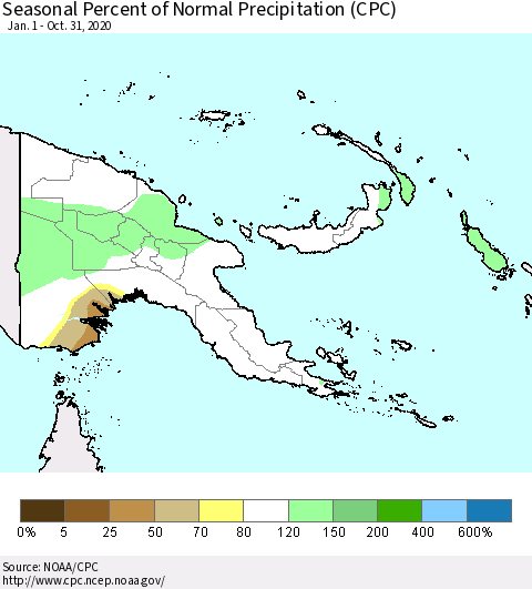 Papua New Guinea Seasonal Percent of Normal Precipitation (CPC) Thematic Map For 1/1/2020 - 10/31/2020