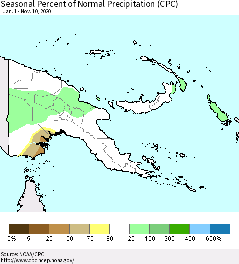Papua New Guinea Seasonal Percent of Normal Precipitation (CPC) Thematic Map For 1/1/2020 - 11/10/2020