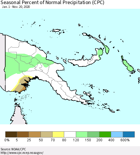 Papua New Guinea Seasonal Percent of Normal Precipitation (CPC) Thematic Map For 1/1/2020 - 11/20/2020