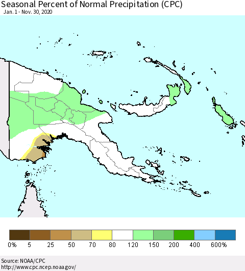 Papua New Guinea Seasonal Percent of Normal Precipitation (CPC) Thematic Map For 1/1/2020 - 11/30/2020