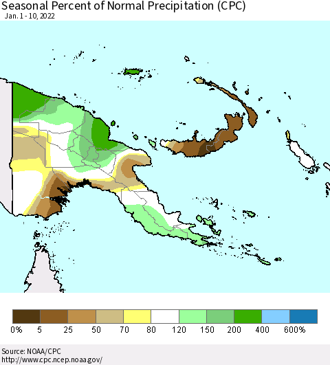 Papua New Guinea Seasonal Percent of Normal Precipitation (CPC) Thematic Map For 1/1/2022 - 1/10/2022