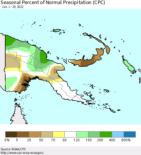 Papua New Guinea Seasonal Percent of Normal Precipitation (CPC) Thematic Map For 1/1/2022 - 1/20/2022