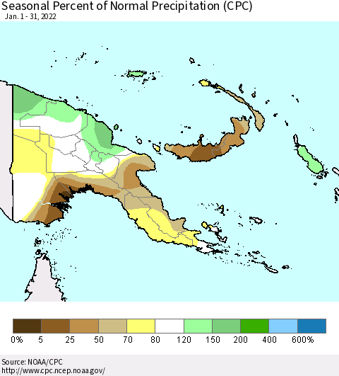 Papua New Guinea Seasonal Percent of Normal Precipitation (CPC) Thematic Map For 1/1/2022 - 1/31/2022