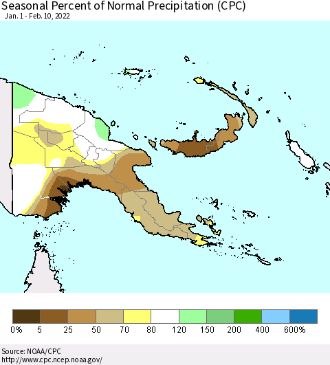 Papua New Guinea Seasonal Percent of Normal Precipitation (CPC) Thematic Map For 1/1/2022 - 2/10/2022
