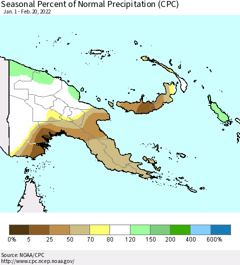 Papua New Guinea Seasonal Percent of Normal Precipitation (CPC) Thematic Map For 1/1/2022 - 2/20/2022