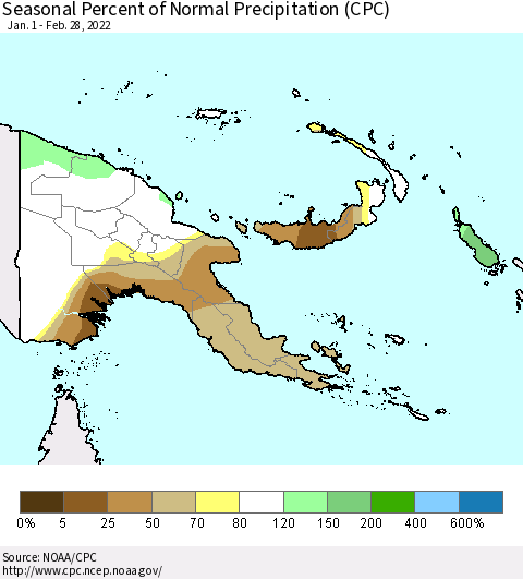 Papua New Guinea Seasonal Percent of Normal Precipitation (CPC) Thematic Map For 1/1/2022 - 2/28/2022