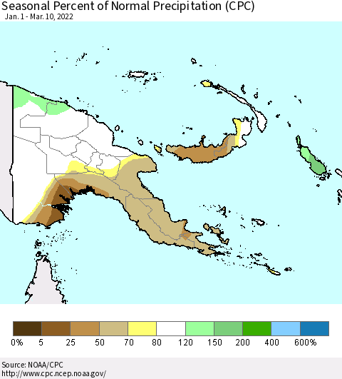 Papua New Guinea Seasonal Percent of Normal Precipitation (CPC) Thematic Map For 1/1/2022 - 3/10/2022