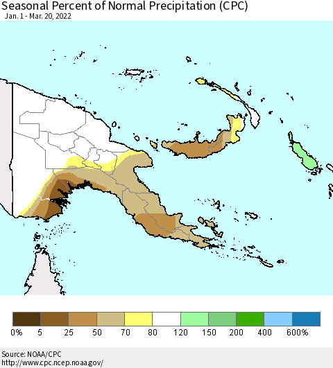 Papua New Guinea Seasonal Percent of Normal Precipitation (CPC) Thematic Map For 1/1/2022 - 3/20/2022