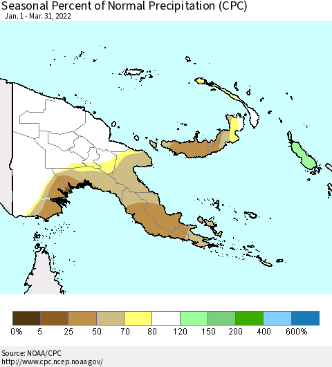 Papua New Guinea Seasonal Percent of Normal Precipitation (CPC) Thematic Map For 1/1/2022 - 3/31/2022