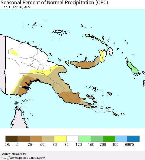 Papua New Guinea Seasonal Percent of Normal Precipitation (CPC) Thematic Map For 1/1/2022 - 4/30/2022