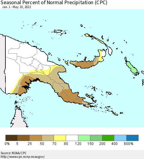 Papua New Guinea Seasonal Percent of Normal Precipitation (CPC) Thematic Map For 1/1/2022 - 5/10/2022