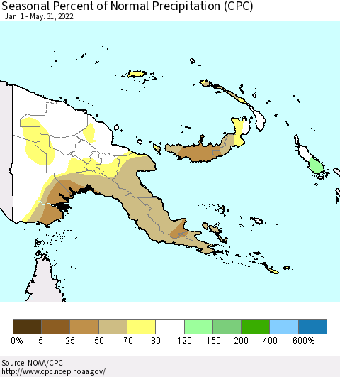 Papua New Guinea Seasonal Percent of Normal Precipitation (CPC) Thematic Map For 1/1/2022 - 5/31/2022