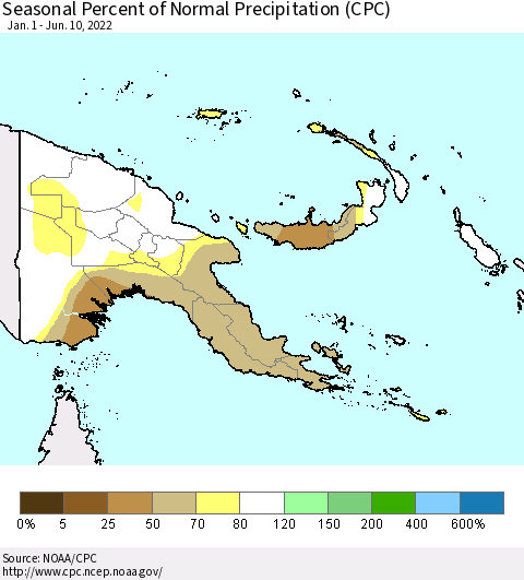 Papua New Guinea Seasonal Percent of Normal Precipitation (CPC) Thematic Map For 1/1/2022 - 6/10/2022