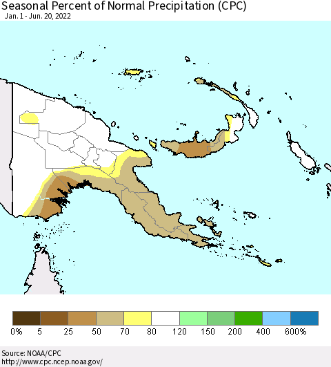 Papua New Guinea Seasonal Percent of Normal Precipitation (CPC) Thematic Map For 1/1/2022 - 6/20/2022