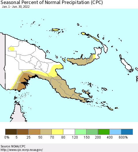 Papua New Guinea Seasonal Percent of Normal Precipitation (CPC) Thematic Map For 1/1/2022 - 6/30/2022