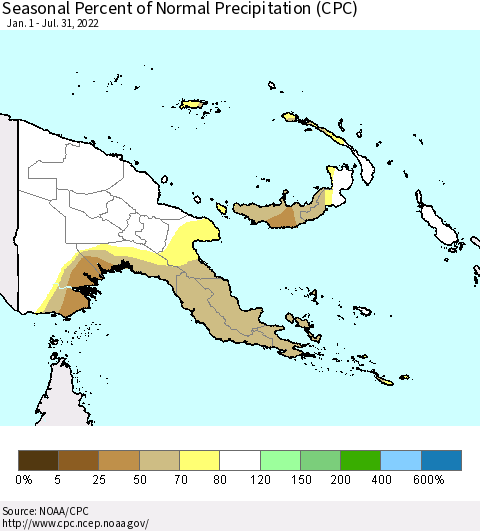 Papua New Guinea Seasonal Percent of Normal Precipitation (CPC) Thematic Map For 1/1/2022 - 7/31/2022