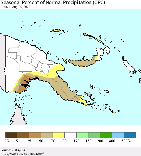 Papua New Guinea Seasonal Percent of Normal Precipitation (CPC) Thematic Map For 1/1/2022 - 8/10/2022