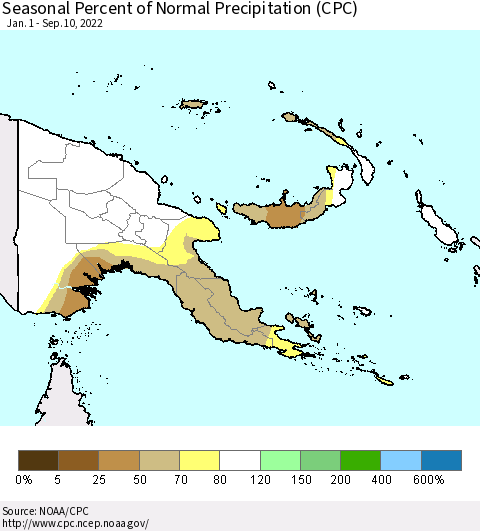 Papua New Guinea Seasonal Percent of Normal Precipitation (CPC) Thematic Map For 1/1/2022 - 9/10/2022