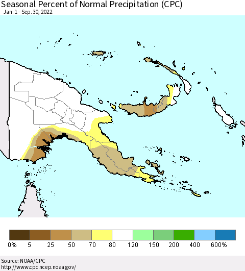 Papua New Guinea Seasonal Percent of Normal Precipitation (CPC) Thematic Map For 1/1/2022 - 9/30/2022