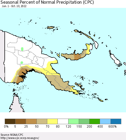 Papua New Guinea Seasonal Percent of Normal Precipitation (CPC) Thematic Map For 1/1/2022 - 10/10/2022