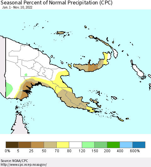 Papua New Guinea Seasonal Percent of Normal Precipitation (CPC) Thematic Map For 1/1/2022 - 11/10/2022
