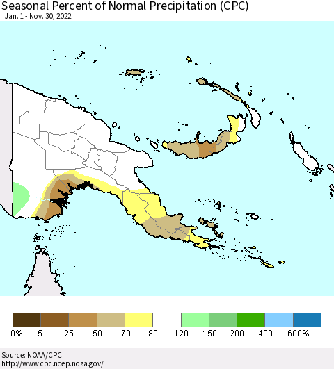 Papua New Guinea Seasonal Percent of Normal Precipitation (CPC) Thematic Map For 1/1/2022 - 11/30/2022